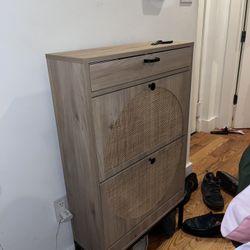 Narrow Shoe Cabinet with Rattan Fronts