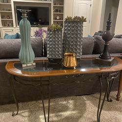 Vintage Glass & Brown Wood Table Stand