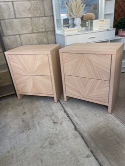 Pair of Light Wood Nightstands with Geometric Pattern