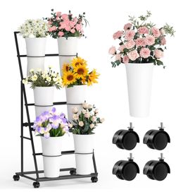 Flower Display Stand with 6 Buckets and Wheels, 3 Tier Flower Cart Display Stand for Indoor Outdoor Garden, Wedding, Flower Shop (Existing Patent)