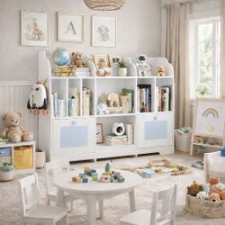 Kids Bookcase with 3-tier Book Racks, 2 Movable Drawers Toy Storage Organizer for Kidroom, White