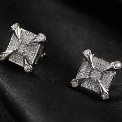 Exquisite Micro Pave 14K Gold Plated Square Claw Cubic Zirconia 12mm Men Women Stud Earrings 