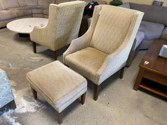Beige Wingback Armchair w/ Ottoman