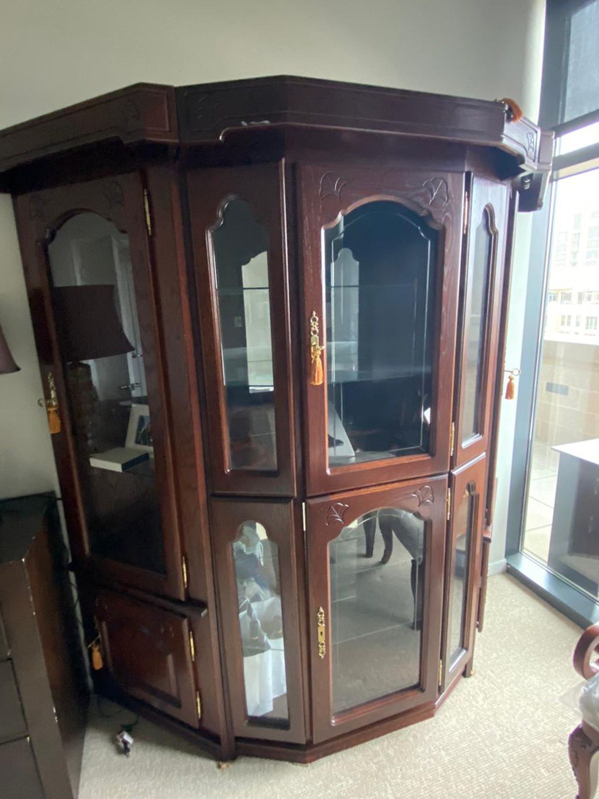 Vintage Brown Hutch, Cupboard, Cabinet. With shelves and is lighted