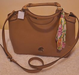 Anne Klein Chic Tan Tote with Gold Accents and Floral Scarf