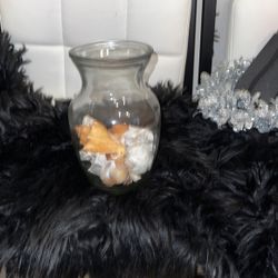 7 H  x 6  w jar transparente with some decore inside shells  dry flowers vase by