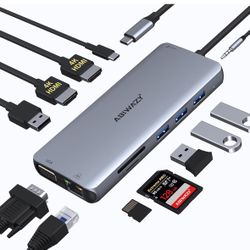 USB C Docking Station Dual Monitor, 12 in 1 Triple Display USB C Hub Multiple Adapter, Type C Dongle with 2 HDMI 4K+VGA+5 USB Port+100W PD Charger+Eth