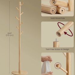 Solid Wood Coat Rack, Free Standing Hall Coat Tree with 7 Hooks, 3 Height Options, for Coats, Hats, Bags, Purses, for Entryway, Hallway, Rubberwood Ho