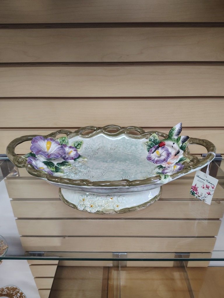 Ceramic Decorative Vase / Basket with handles - $49.99 ( NEW ) green/purple/teal.  Flowers, bird