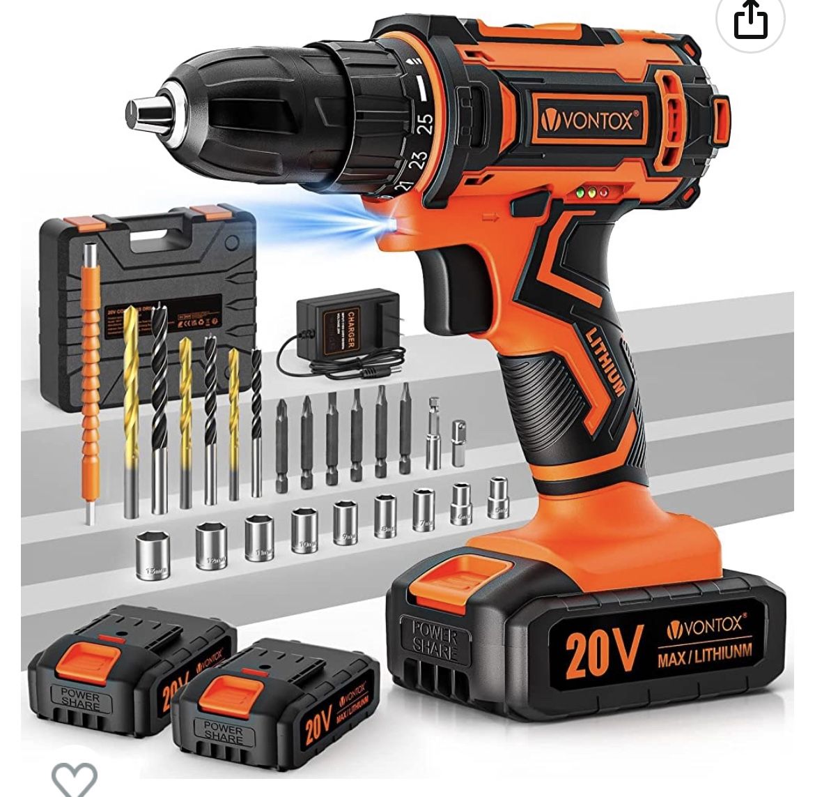 Drill Set, V VONTOX 20V Cordless Drill with 2 Lithium-ion Batteries 2.0AH & Fast Charger, Home Power Drill 3/8" Keyless Chuck, 370 In-lb Torque, 2 Spe