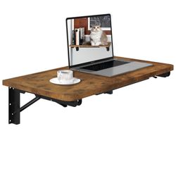 Rustic Brown Wall Mounted Folding Table, Wall Desk for Small Spaces, Drop Leaf Dining Table 