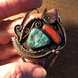 Coral/turquoise And sterling Signed Bracelet 