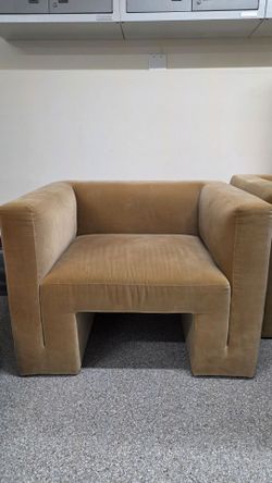 Two CB2 Matra Modern Light Brown Velvet Lounge Chairs