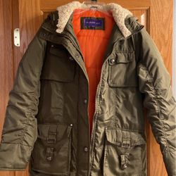 Olive Winter Coat With Orange Lining 