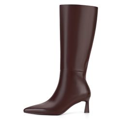 SOVANYOU Women Knee High Brown Boots Pointed Toe Boots Wide Calf Kitten Heel Boot Leather Low Heel Boot