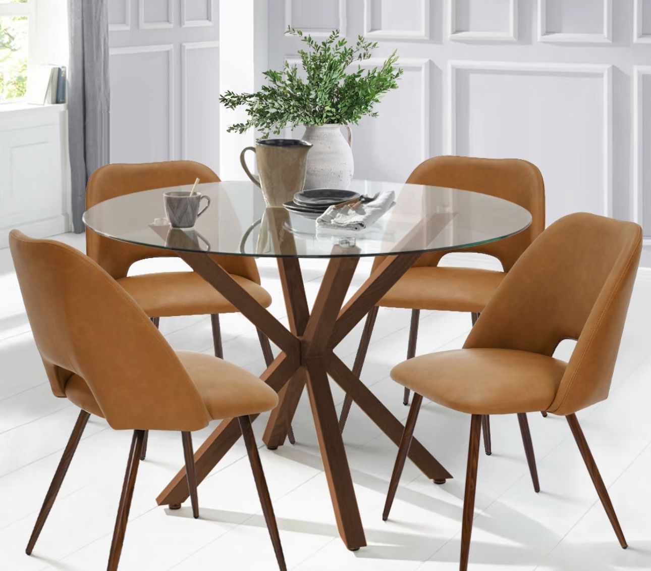 Leather Round Dining Table Set For Sale