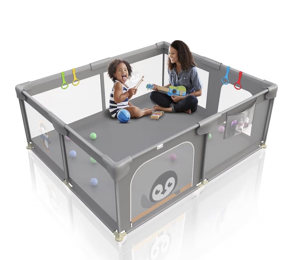 Li'l Pengyu Soft Breathable Mesh Playpen for Toddlers, 71 x 59 inch Extra Large Baby Fence with Unique Penguin Design, Suitable for Indoor & Outdoor U