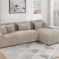 Brand New Plush Beige Camel Or Dark Gray Corduroy Sectional Sofa (Pillows Included)