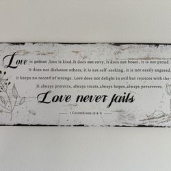 Rustic “Love Never Fails” Wall Art – 1 Corinthians 13:4-8