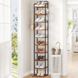 10 Tiers Vertical Shoe Rack, Narrow Shoe Tower, Tall Shoes Shelf with 2 Hooks