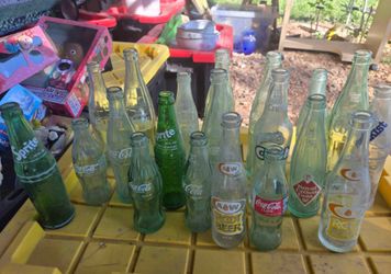 vintage soda glass bottles $1 ea. sprite,cocacola,a&w,crush,no lids