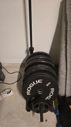Rogue fitness plates, barbell, storage rack