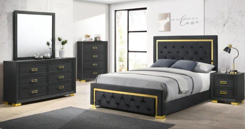 Pepe Black/Gold Panel Upholstered Bedroom Set


5-PIECE (BED, DRESSER, MIRROR, NIGHTSTAND AND CHEST)