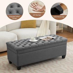 2234 $140 51" Fabric Storage Ottoman Bench, Upholstered Rectangle End of Bed Storage Ottoman Tufted Living Room Bedroom Bench with Safety Hinge, Soli