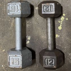 Hex Iron Dumbbells 12 and 15 Pounds Singles Not Pairs