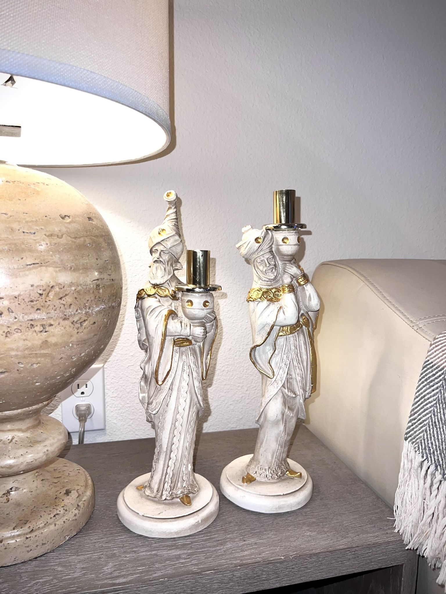 Set Of 2 Vintage Ceramic Gilded Hand-painted Pillar Candle Holder Home Decor