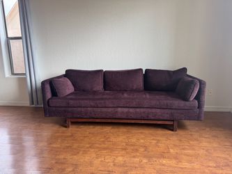 MCM sofa in excellent condition/ purple eggplant plum  couch with accent pillows and armrest covers