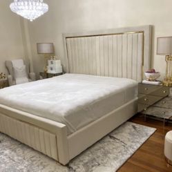Luxury King Velvet Bed Frame  Cream Gold 