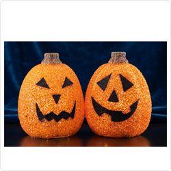 Set of 2 Light-Up Acrylic Glitter Jack-O'-Lantern Pumpkins