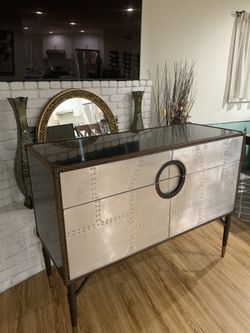 Beautiful Modern Console/Side Board Table in Aluminum with Leather Trim