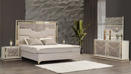 4 PC KING BEDROOM SET NEW IN BOX (MATTRESS AND CHEST SOLD SEPARATELY)