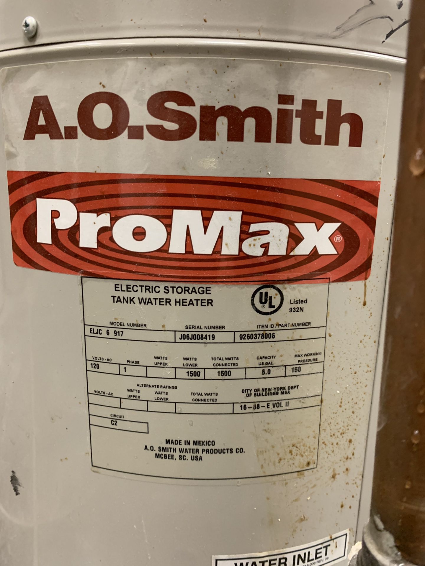 A.O.smith. Model number ELJC 6917 6 gallon water heater
