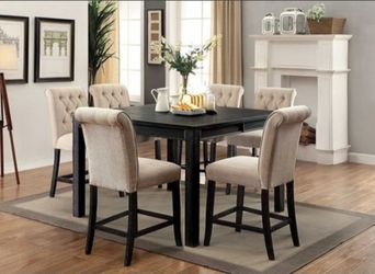Brand New Rustic Antique Black Beige 7pc Counter Height Dining Table Set