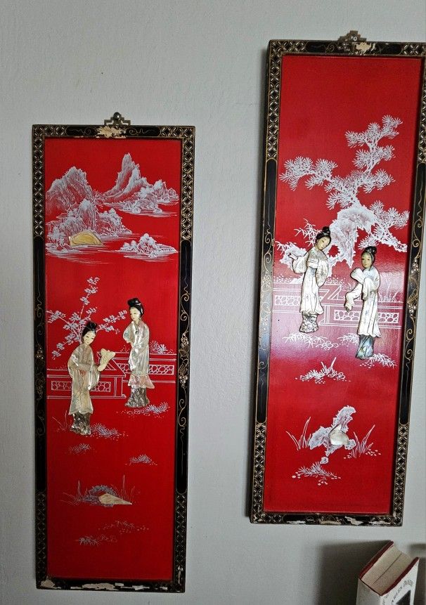 4 Vintage Red Mother Of Pearl Wall Decor