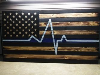 Wooden American Flag - Blue Line/ Heartbeat