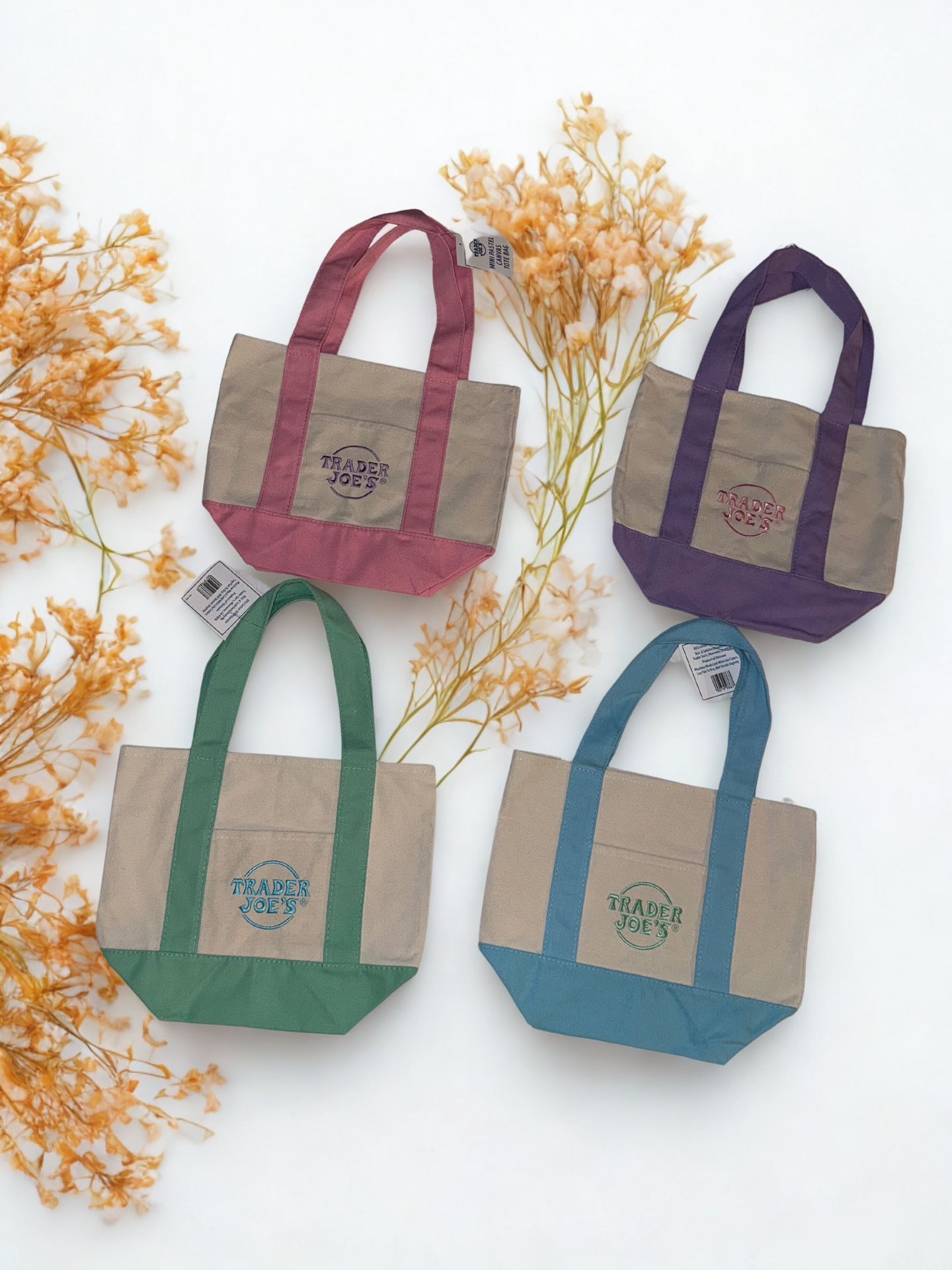Trader Joe’s Mini Canvas Tote Bags - Complete Set of 4 - Limited Edition Colors