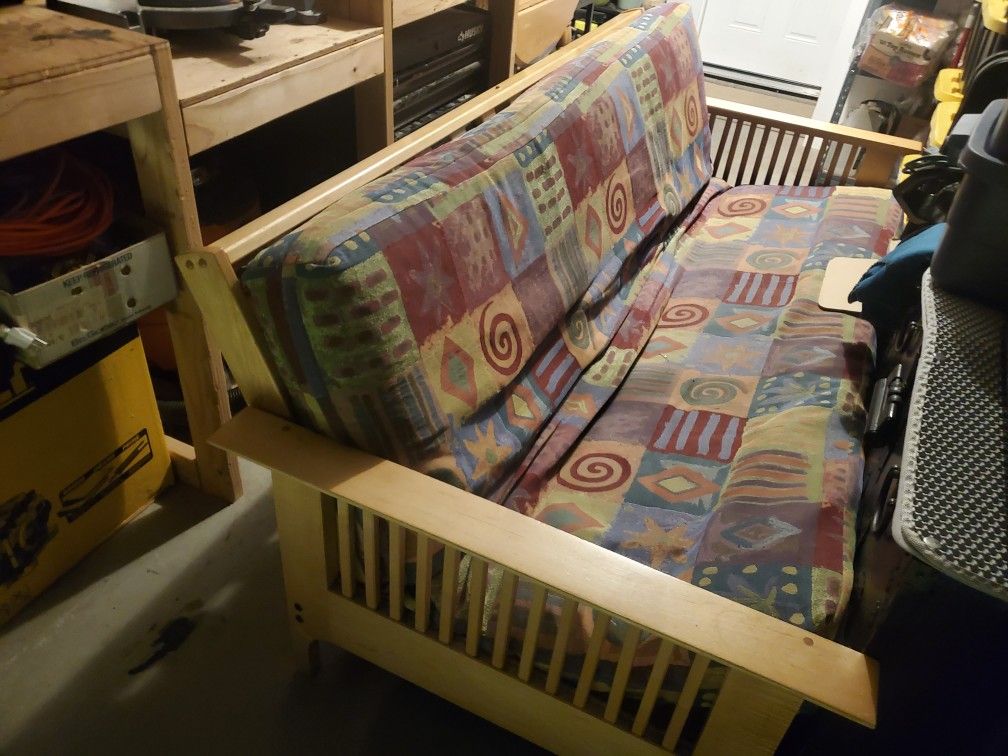 Solid Oak 90s Futon With Funky Patterned Fabric