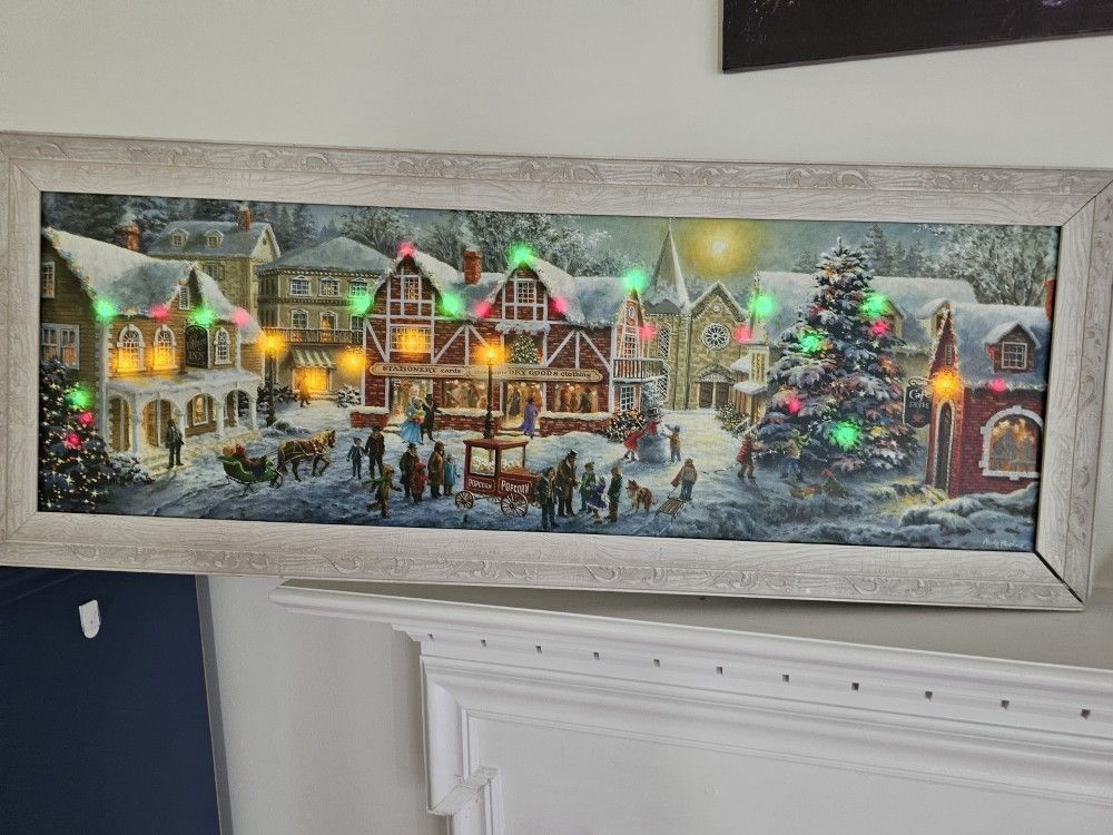 $35.00 - 39.5" Victorian Christmas Wall Art! LED & Fiberoptic Lights/Shabby Chic Embossed Frame/Village Scene - Needs Frame Corner Fixed!