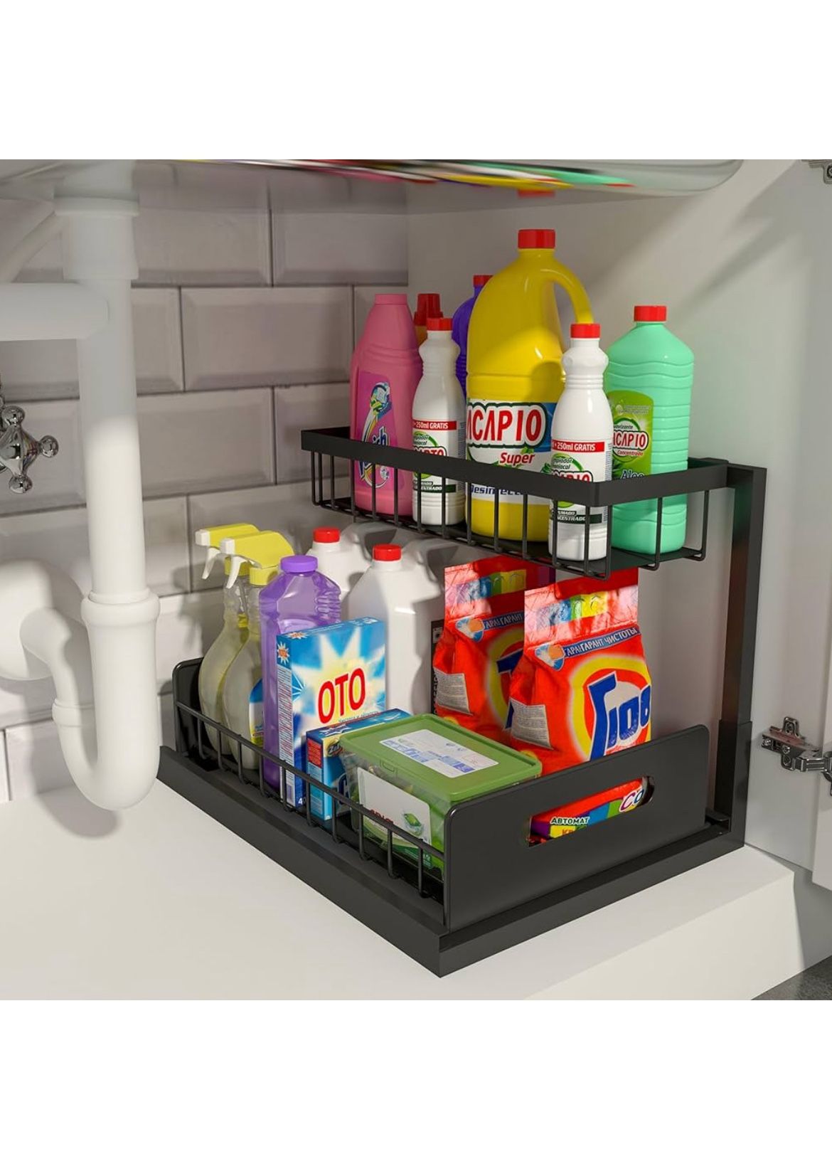 Under Sink Organizer, Pull Out Cabinet Storage 2 Tier Slide Out Sink Shelf, Kitchen Organizers and Storage, Black, 1 Pack