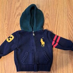 Nine Month Boys Ralph Lauren Polo Zip Knit Cardigan Sweater With Hood