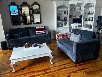 Beautiful Navy Blue Sofa & Loveseat Set – $120 OBO  Elegant and very comfortable matching sofa and loveseat in a rich navy-blue fabric. These pieces f