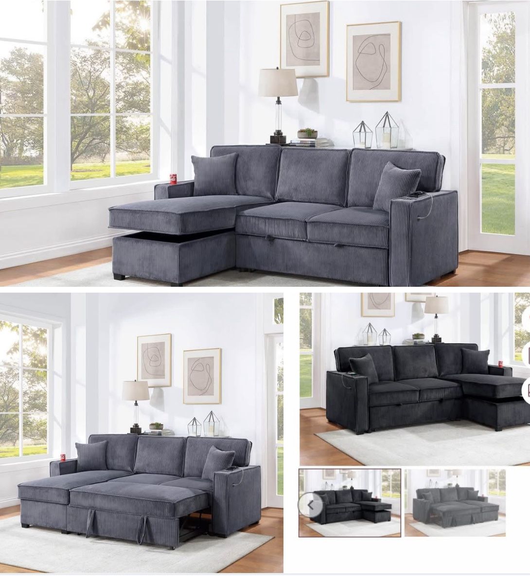 $369.     2-PCConvertible Sectional  Sleeper Sofa W/ Cupholder Sofa Storage & USB Ports  89”x 59”X36”H