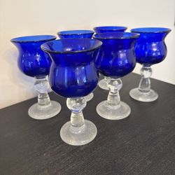 Set of 6 Handblown Vintage Cobalt Blue Margarita Glasses