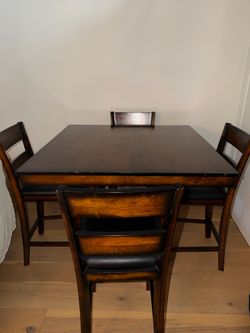 High Top Dark Brown Wood Dining Table Set 4 Padded Chairs