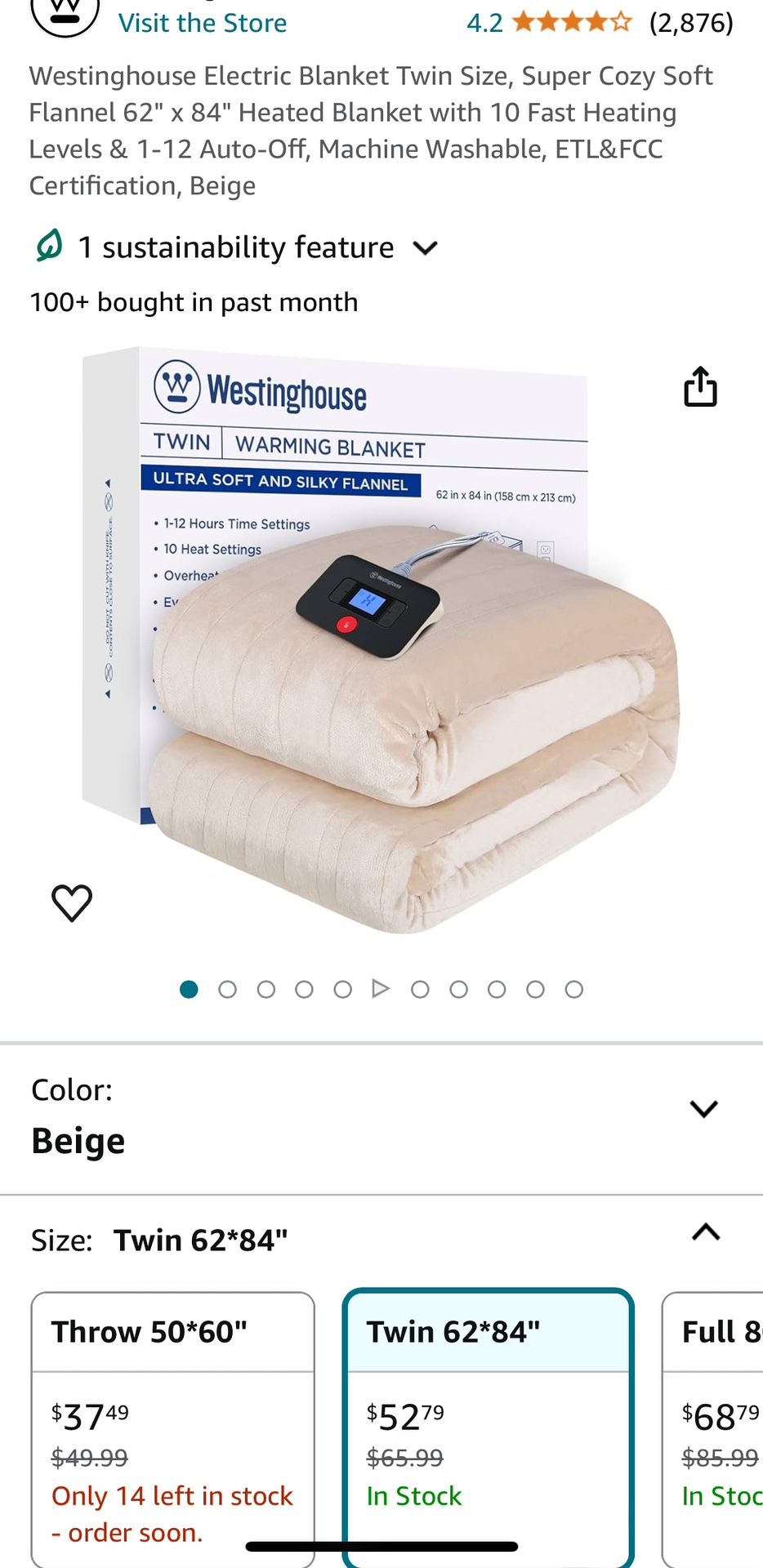 Westinghouse Electric Blanket Twin Size, Super Cozy Soft Flannel 62" x 84" Heated Blanket with 10 Fast Heating Levels & 1-12 Auto-Off, Machine Washabl