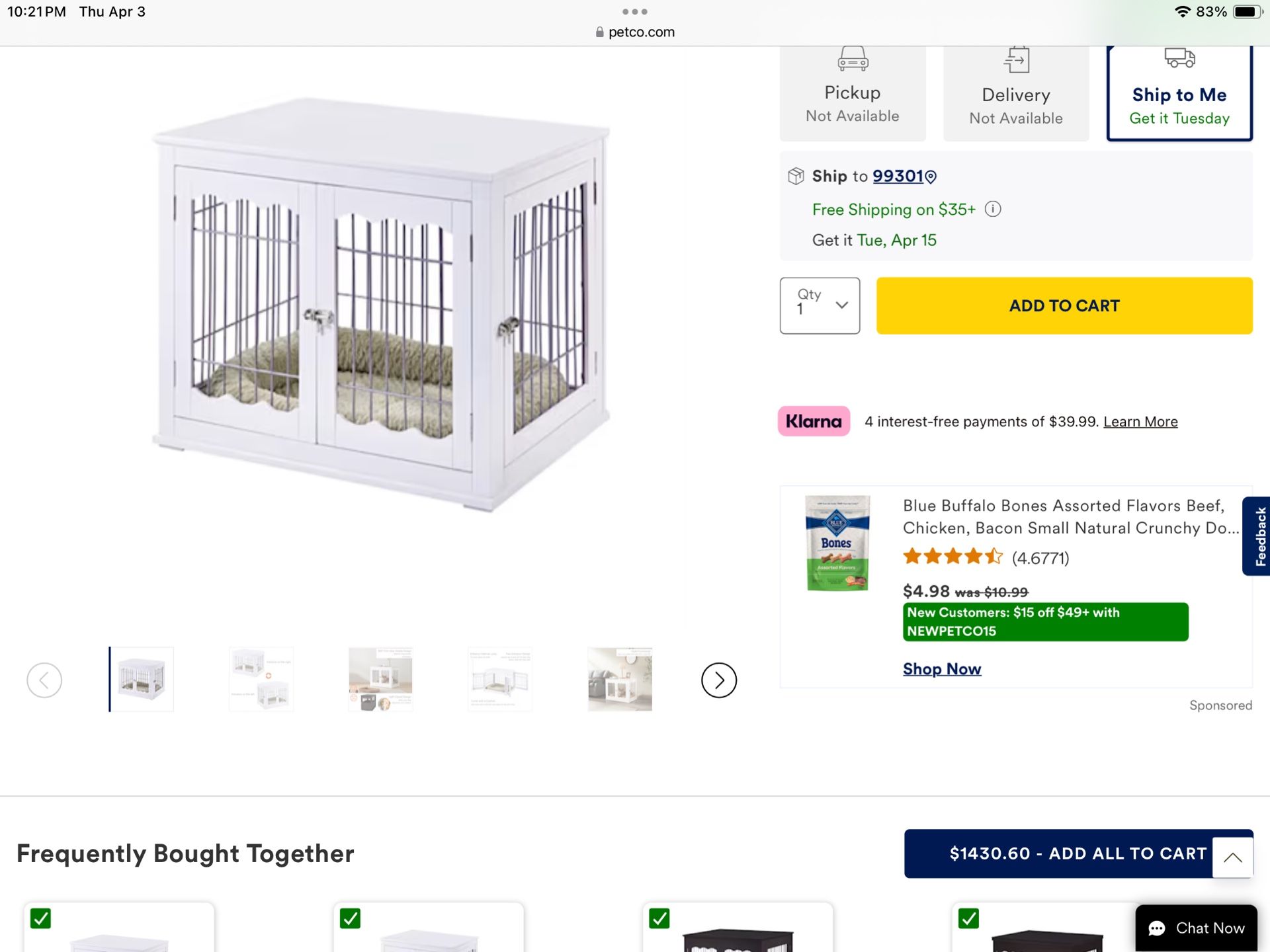 UniPaws Crate Wooden End Table with Wire Dog Kennel & Bed White 32" L